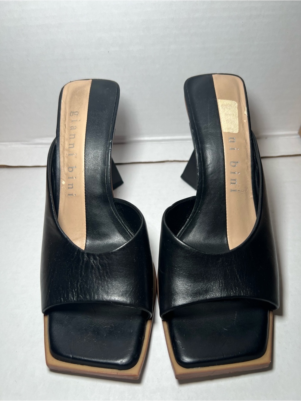 Gianni Bini Black Leather Square Open-Toe Mule Heels
